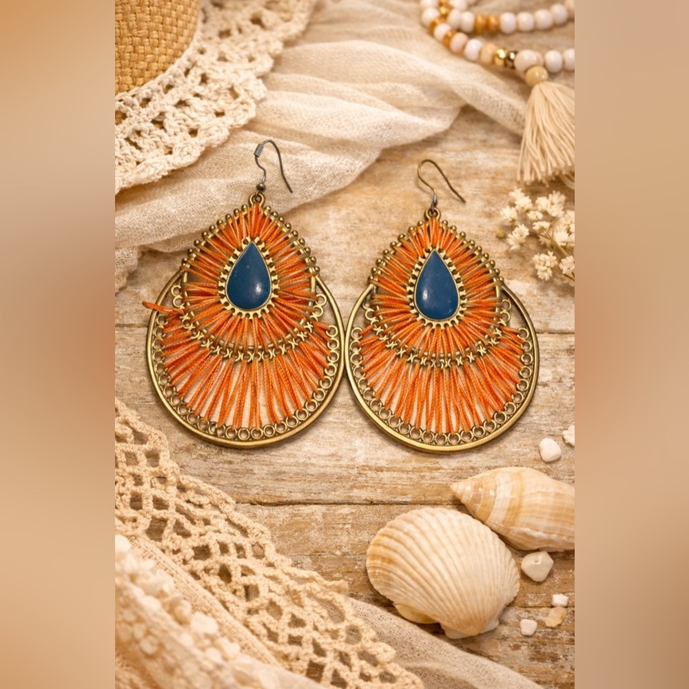 BEBE Bohemian Orange and Gold Teardrop Earrings GUC Vintage - Picture 3 of 4